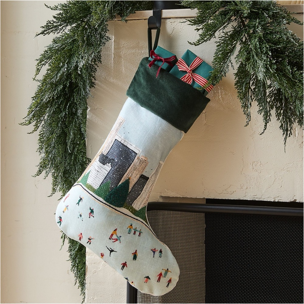 NEW West Elm Holidays Nicole Cicak Embroidered Ice Skaters Stocking